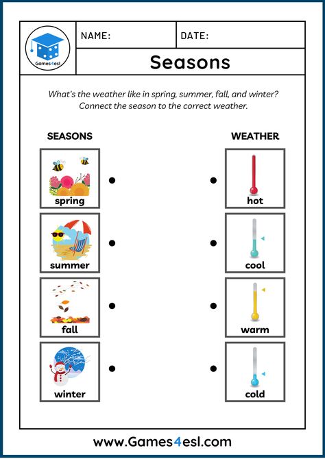 Download free printable worksheets for teaching the seasons of the year in English. Seasons Of The Year Printables, Season Worksheet, Worksheets For 2nd Grade, Weather For Kids, Kindergarten Homework, Seasons Worksheets, Weather Worksheets, 2nd Grade Ideas, Teach English To Kids