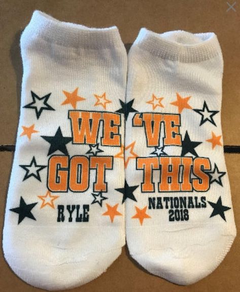 We've Got This - Team Name - Event - Year in nay colors These are no show socks. Socks are 98% polyester and 2% spandex.  Ankle socks and crew socks also available.  Contact me for discounts on team orders. Cheer Gift Bags, Cheer Socks, Team Socks, Dance Socks, Cheerleading Gifts, Summer Things, Cheer Gifts, Cheer Mom, Dance Teams