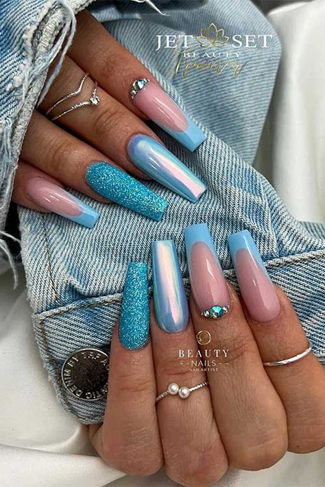 light blue French tip nails with rhinestones Blue Chrome Nails, Chrome Nail Polish, Dip Nail, Blue Chrome, Chrome Nails Designs, Chrome Nail, Edgy Nails, Pretty Nail Art Designs, Long Acrylic Nails Coffin