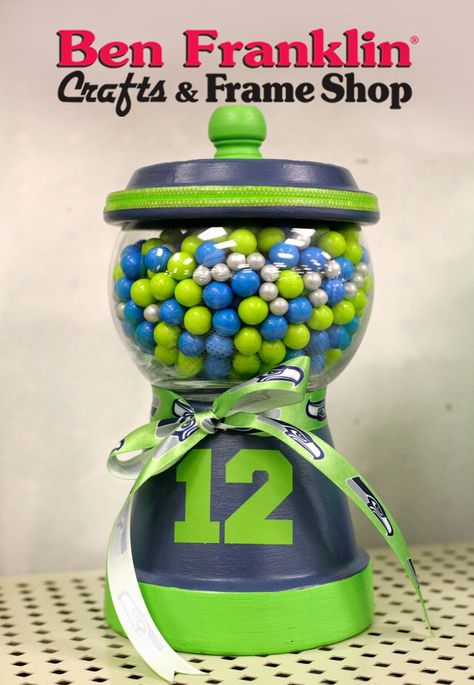 Ben Franklin Crafts and Frame Shop: DIY Seahawks 12 Fan Candy Jar Seahawks Crafts, Candy Clay, Football Crafts, Girl Cave, Raffle Baskets, Seahawks Fans, Terra Cotta Pot Crafts, Seahawks Football, Pot Crafts