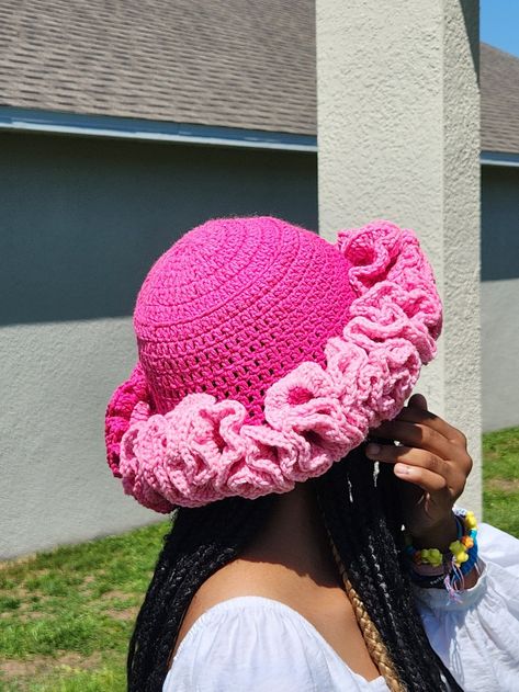 Ombre Pink Crochet Bucket Hat With Ruffles - Etsy Ruffle Hats Crochet, Crochet Hat With Ruffles, Ruffled Crochet Hat, Crochet Projects Hats, Pink Crochet Bucket Hat, Crotched Hat, Ruffle Hat Crochet, Crochet Bucket Hat With Ruffles, Ruffle Bucket Hat Crochet