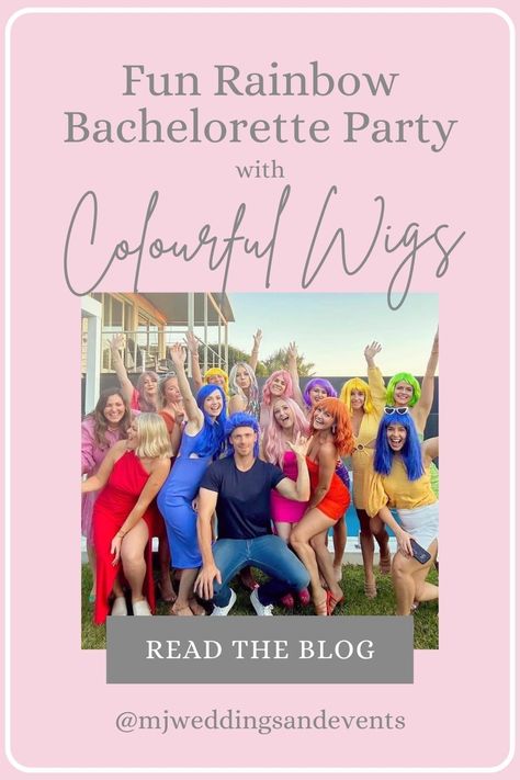 What's more fun than a bachelorette party? A rainbow-themed bachelorette party with colourful wigs! Imagine a burst of colours, laughter, and memories that last a lifetime. Say bye-bye to monotony and hello to a kaleidoscope of hues! You'll love the sassy, vibrant wigs that Hannah and friends sported at her bash. Stay tuned for some awesome hen's party ideas, and get ready to taste the rainbow! 🦄 Rainbow Bachelorette Party, Rainbow Bachelorette, Colourful Wigs, Alex Perry Dress, Themed Bachelorette, Rainbow Sign, Rainbow Wig, Wig Party, Bachelorette Party Themes