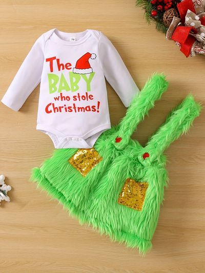 Alphabets Grass Green Polyester Baby Who Stole Christmas, Grinch Baby, Baby Grinch, Combination Dresses, Baby Kostüm, Christmas Bodysuit, 파티 드레스, Suspender Pants