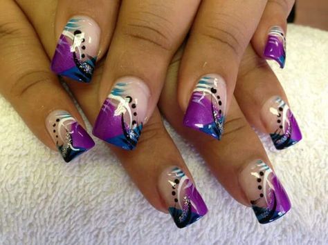 Blue And Purple French Tip Nails, French Tips With Purple Design, Royal Blue And Purple Nails Acrylic, Purple Nails With Design Ring Finger, Beach Gel Nails, Aqua Blue And Purple Nails, French Manicure Nail Designs, Purple Nail Art Designs, Pearl Nail Art