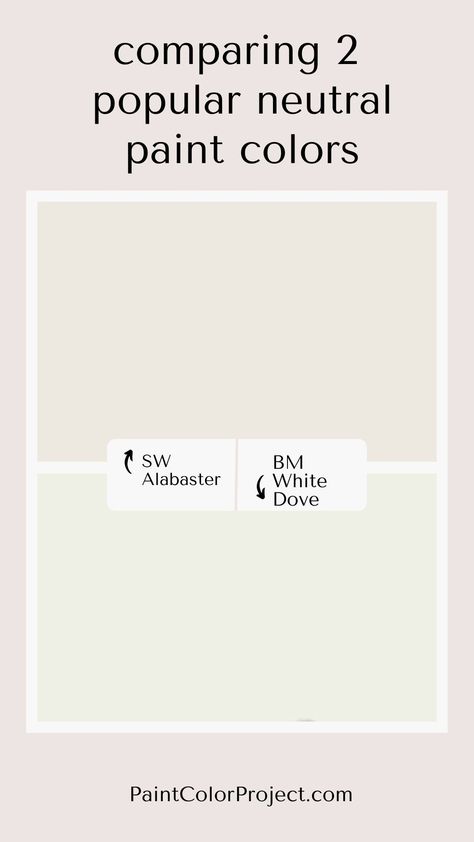 SW alabaster vs BM white dove Bm White Dove Vs Sw Alabaster, Alabaster Vs White Dove, White Dove Vs Alabaster, Bm White Dove, Sherwin Williams Alabaster White, Tundra Biome, Sw Alabaster, Popular Neutral Paint Colors, Farmhouse Colors