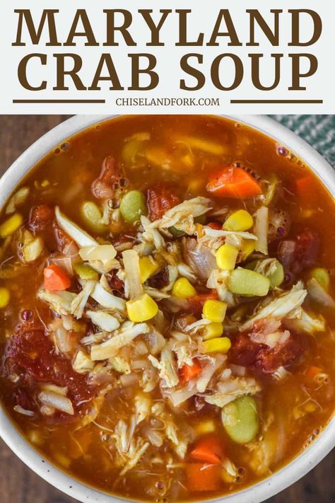 Indulge in the comforting Maryland crab soup, a rich and flavorful seafood classic, brimming with succulent crab meat and vegetables. #marylandcrabsoup #crabsoup #soup | chiselandfork.com Cream Of Crab Soup Recipe, Maryland Crab Soup, Crab Soup Recipes, Lobster Soup, Ham And Cabbage, Crab Chowder, She Crab Soup, Maryland Crabs, Meat And Vegetables