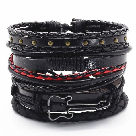 Music is your life and this 5 piece multi-layer bracelet set complements your lifestyle as a musician. The set is edgy but yet has a classic feel. The multiple layers give it a very unique look. You can wear them all together or separately to create different looks. Product Information Set comes with 5 bracelets Material: leather/PU leather Metals Type: alloy Clasp Type: adjustable sliding tie Length: adjustable 7 inches to 8.5 inches Handmade Character Clothes, Egg Muffin, Leather Bracelets Women, Black Leather Bracelet, Leather Crafts, Estilo Punk, Mens Leather Bracelet, Leather Bracelets, Stackable Bracelets