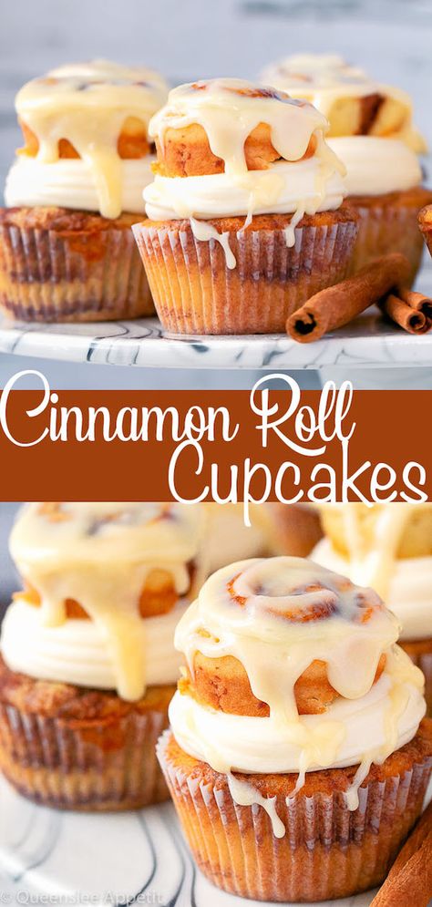 Cinnamon Roll Cupcakes ~ Recipes | Queenslee Appétit Cinnamon Roll Cupcakes, Roll Cheesecake, Fluffy Cream Cheese Frosting, Cinnamon Cupcakes, Delicious Cupcakes Recipes, Mini Cinnamon Rolls, Cinnamon Roll Cheesecake, Best Cinnamon Rolls, Easy Cupcake Recipes