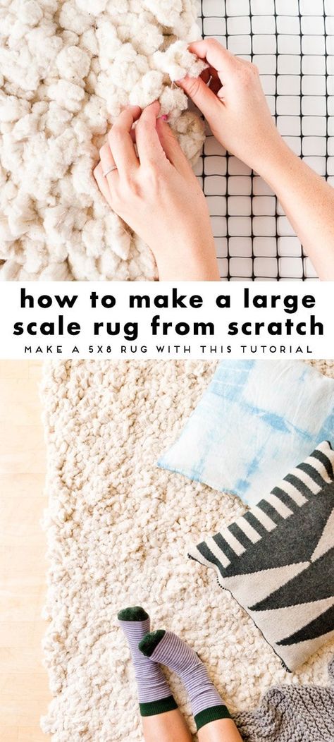 This DIY rug is so cozy and cool! Learn how to make a rug from scratch (large or small - create any size you want). Click through for the easy to follow photo and video tutorial. You'll only need a few items to make your own. #diy #rug #cozy #diyrug #weekendproject #cottonrug #housewares #homedecor Make A Rug, Diy Tapis, Rag Rug Diy, Homemade Rugs, Braided Rug Diy, Diy Outdoor Lighting, Rug Tutorial, Rainbow Rug, Dekor Diy