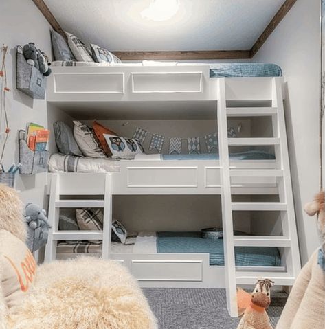 White custom built triple bunk bed. Custom Bunk Beds, Bunk Bed Plans, Triple Bunk Beds, Interior Design Colleges, Triple Bunk Bed, Space Saving Beds, Triple Bunk, Cool Bunk Beds, Space Bedding