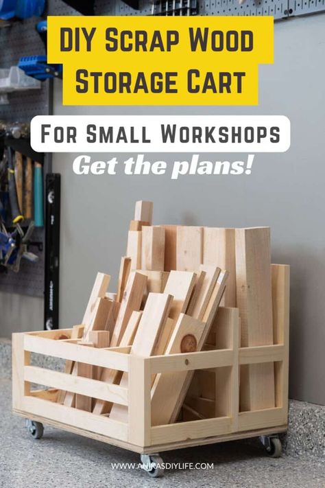 Diy Scrap Wood Storage, Diy Rolling Cart, Wood Storage Cart, Scrap Wood Storage, Woodwork Bench, Diy Scrap Wood, Wood Cart, Picture Displays, Woodworking Plans Beginner