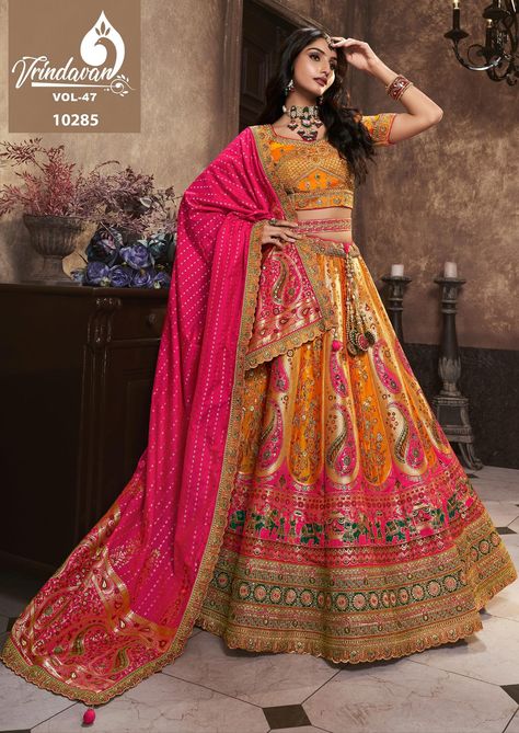 ROYAL VRINDAVAN BRIDAL AND BRIDEMAID LEHENGA CHOLI ALL READY STOCK Lehenga Yellow, Anarkali Lehenga Gowns, Embroidered Bridal Lehenga, Choli Dress, Anarkali Lehenga, Saree Bollywood, Choli Blouse, Pink Lehenga, Patiala Salwar