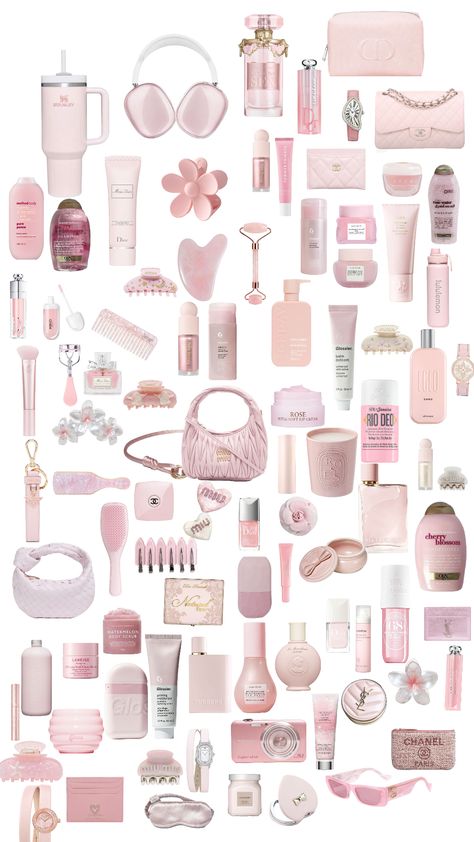 Wishlist Collage, Coquette Skincare Products, Pink Pilates Princess Aesthetic Collage, Kit Skin Care, Pink Pilates Princess Shuffle, Pink Wishlist, Pink Aesthetic Shuffles, Pink Makeup Collection Aesthetic, Girly Christmas Gifts