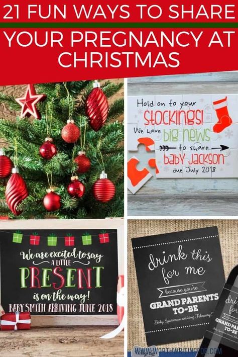 21 fun ways to announce your pregnancy at Christmas! These holiday pregnancy reveal gifts, cards, shirts, and photo ideas are exactly what you need for a Christmas pregnancy reveal to family and friends that they won’t forget! #Christmaspregnancy #pregnancyannouncement #holidaypregnancy #pregnancyreveal Christmas Pregnancy Announcement Photos, Christmas Pregnancy Announcement Ideas, Pregnancy Reveal To Family, Ways To Announce Pregnancy, Christmas Card Pregnancy Announcement, Pregnancy Annoucements, Pregnancy Prep, Holiday Pregnancy Announcement, Christmas Pregnancy Reveal