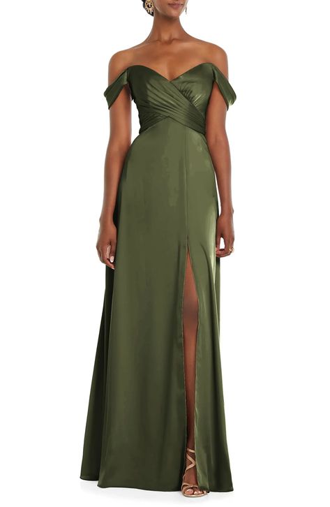 Off the Shoulder Satin Gown | Nordstrom Olive Green Bridesmaid Dress, Empire Waist Gown, Dessy Collection, Draped Bodice, Olive Dress, Olive Green Dresses, Green Bridesmaid, Infinity Dress, Dress Order