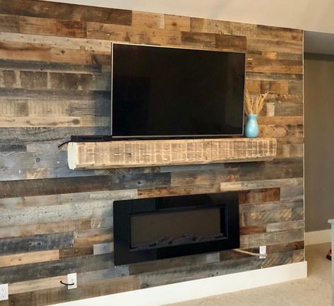 Fireplace focal wall with barnwood | Accent Walls Barnwood Accent Wall, Pallet Fireplace, Barn Board Wall, Fireplace Accent Walls, Reclaimed Wood Fireplace, Fireplace Feature Wall, Design Fireplace, Wood Feature Wall, Wooden Accent Wall