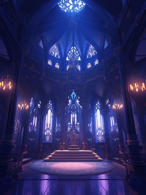 Dnd Castle Interior, Blue Castle Interior, Dark Temple Aesthetic, Mv Background Ideas Dark, Dark Castle Interior, Medieval Castle Interior, Cathedral Background, Dark Palace, Japanese Places