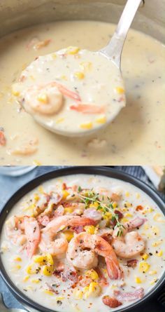 Thick and Creamy Shrimp Corn Chowder with Bacon is a hearty soup to keep you warm and cosy on a cold winter night. It is easy, one pot and takes less than 30 minutes to make. #shrimp #chowder #corn #soup Corn Chowder With Bacon, Shrimp Corn Chowder, Bacon Shrimp, Shrimp Chowder, Shrimp Corn, Seafood Soup Recipes, Chowder Recipes Seafood, Seafood Dish Recipes, Creamy Shrimp