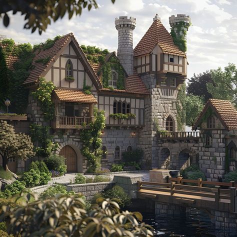 This enchanting image showcases a fairy-tale castle with stone and timber architecture, red-tiled roofs, and ivy-covered walls. The castle features multiple turrets, gabled roofs, and arched windows. A wooden bridge spans a serene moat, leading to the grand arched entrance. Surrounded by lush, meticulously maintained gardens, this castle exudes a magical and whimsical charm, perfect for a storybook setting. Modern Castle Exterior, Tudor Manor Floor Plans, Enshrouded Build, Small Castle House, Medieval Castle Layout, Castle House Modern, Midevil Castle, Italy Buildings, Cottage Castle