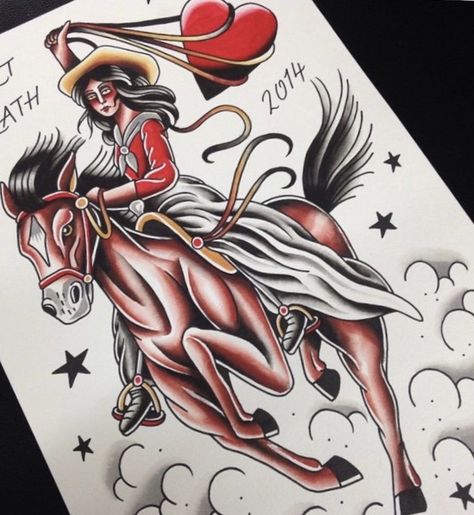 Cowgirl On A Horse Tattoo, Old School Horse Tattoo, Horse Tattoo Traditional, Traditional Horse Tattoo, Hugo Tattooer, Traditional Dagger Tattoo, Koe Wetzel, Cowboy Tattoos, Horse Skull