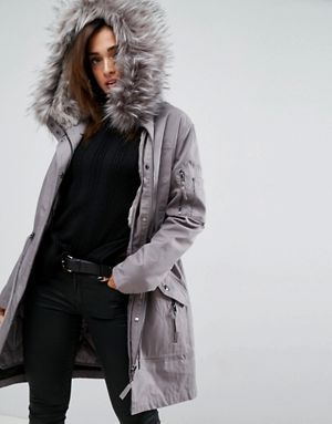 Women's Faux Fur Coats | Faux Fur Jackets & Gilets | ASOS Parka Jacket Outfit, Parka Outfit, Grey Parka, Grey Faux Fur Coat, Faux Fur Parka, Gray Coat, Casual Skirt Outfits, Asos Maternity, Fur Parka