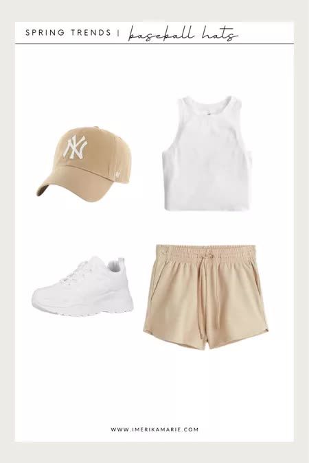 clean girl outfits, spring outfit ideas, spring outfits, h&m outfit idea. casual spring outfits, cardigan outfits, neutral outfits, white sneakers, sweatshort outfit, hiking outfit, beige yankees hat, white sneakers outfit, hollister. #LTKfit #LTKshoecrush #LTKstyletip Khaki Yankees Hat Outfit, Baseball Cap Beach Outfit, Summer Baseball Hat Outfit, Casual Outfits With Baseball Caps, Tan Hat Outfit Baseball, White Cap Outfits For Women, Beige Baseball Hat Outfit, Tan Baseball Cap Outfit, Nyc Hat Outfit