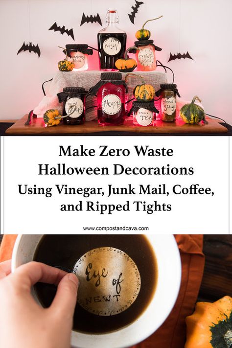 Turn ordinary household items into this spooky zero waste halloween decorations using vinegar, junk mail, coffee, and ripped tights Sustainable Halloween Decor, Eco Friendly Halloween, Witch's Kitchen, Zero Waste Holiday, Kitchen Compost, Ripped Tights, Conscious Consumption, Eco Crafts, Eco Friendly Holiday