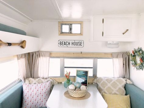 15 Beach Themed RV Makeovers | RV Inspiration Camper Organization Rv Living, Small Camper Interior, Tropical Wall Decals, Decorating Your Rv, Rv Inspiration, Painting Shutters, Green Patterns, Nautical Theme Decor, Coastal Pillows