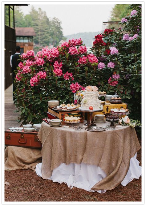 dessert table Round Dessert Table, Rustic Cake Stands, Photos Booth, Wedding Dessert Table, Wedding Dessert, Lakeside Wedding, Rustic Cake, Burlap Wedding, 100 Layer Cake