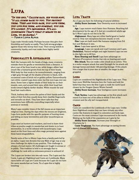 My Homebrew Three: Race Lupa – Runkle Plays Games Dnd 5e Races, Homebrew Races, 5e Races, Dungeons And Dragons Races, D D Races, D D Classes, Dnd Homebrew, D D Character Ideas, Dnd Classes