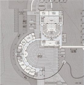 Architect: Gyeonggl Provincial Korean Traditional Music Hall / Architecture Competition Annual Music School Plan, Hall Architecture, Student Lounge, Church Building Design, Circular Buildings, Theater Architecture, Architecture Design Process, Architectural Presentation, Architecture Competition