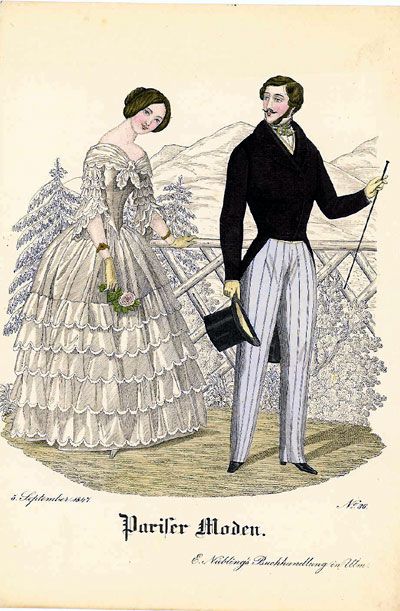 Fashion plate, 1847 Germany, Pariser Moden Biedermeier Fashion, Edwardian Wedding Dress, Victorian Fashion Plates, 1840s Fashion, 1850s Fashion, Victorian Wedding Dress, Edwardian Wedding, Tiered Dresses, Ruffle Gown