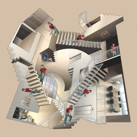 . Stairs Pictures, Escher Art, Art Emotions, School Murals, Mc Escher, Architecture Collage, Architecture Model House, The Routine, Optical Illusions Art