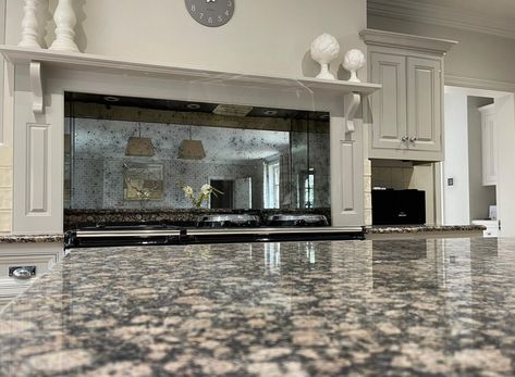 A super project recently completed and installed by our talented team! Stunning kitchen splash back on clear toughened glass (we always recommend toughened glass for panels being installed near a heat source) in our Really Rough finish. We think this finish complements the decor of this kitchen perfectly 🤩 Kitchen Splash Back, Antique Mirror Glass, Kitchen Splashbacks, Mirror Panels, Stunning Kitchens, Antique Mirror, Glass Mirror, Clear Glass, Patina