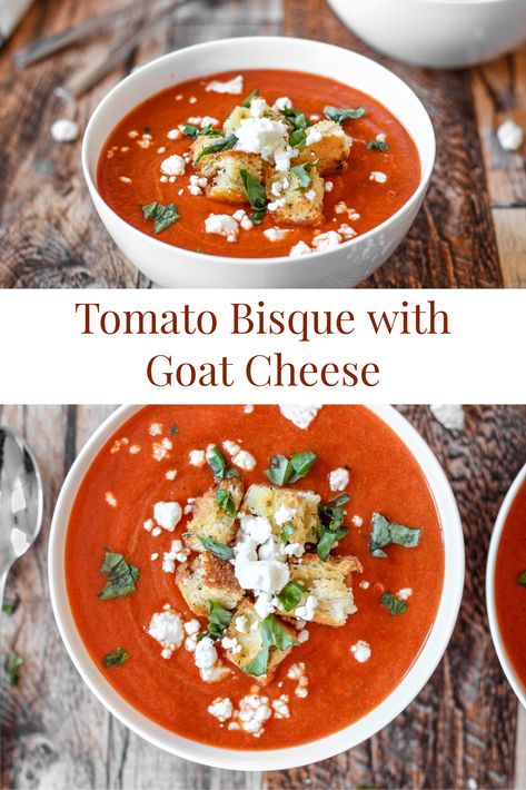 The perfect cold weather soup, tomato bisque is ultimate comfort food. A thick tomato bisque topped with crumbled goat cheese and homemade croutons, this is a meal in a bowl! Smooth, velvety, then finish with a crunch from a crouton and a bit of tang from the goat cheese. An easy soup recipe to warm you up this winter! Tomato Gouda Bisque, Goat Cheese Tomato Soup, Goat Cheese Roasted Tomatoes, Cherry Tomato Goat Cheese Recipes, Goat Cheese And Tomatoes, Soup With Goat Cheese, Cold Weather Soup, Meal In A Bowl, Tomato Bisque Soup