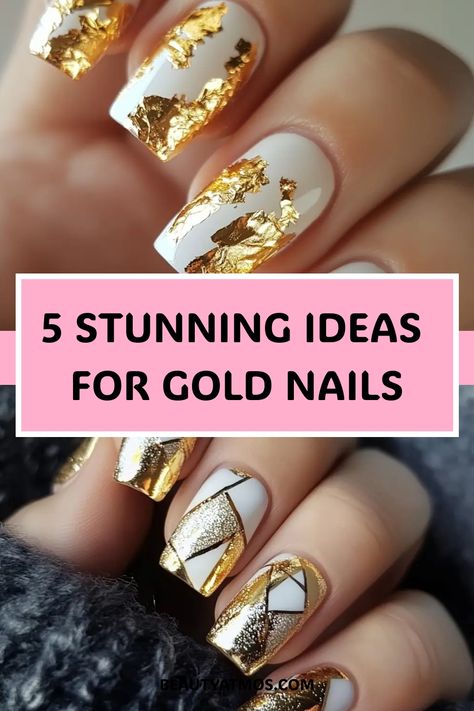 5 stunning gold nail design ideas. White Nail Gold Foil, Wedding Nails Gold Accent, Trendy Gold Nails, Gold Autumn Nails, Gold Nails Short, Gold Nails Acrylic, Gold Nail Ideas, Simple Elegant Nails, Nail Art Gold