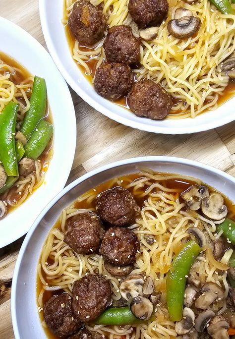 Meatball Ramen Soup - Homemade on a Weeknight Beef Sweet Potato Chili, Meatball Ramen, Ginger Meatballs, Fresh Ramen Noodles, Bibimbap Recipe, Ground Beef Meatballs, Delicious Meal Prep, Asian Dinners, Homemade Ramen