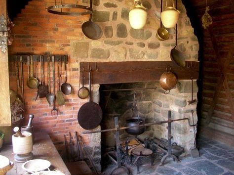 Tudor Kitchens - A big difference between Tudor Manor House and Commoner kitchens were just how many they had, and the number of tools and appliances utilized.  Hampton Court Palace wins the prize with 147 separate, well-equipped food preparation areas. A Commoner might make do with one large room and too many cooks falling over each other to bring each coarse to table on time. A dollhouse enthusiast has so much choice when it comes to Tudor kitchen(s). Medieval Kitchens, Mini Fireplace, Tudor Manor, Tudor Kitchen, Dollhouse Decorating, Witch Cottage, Haunted Dollhouse, Dollhouse Projects, Dolls House Interiors