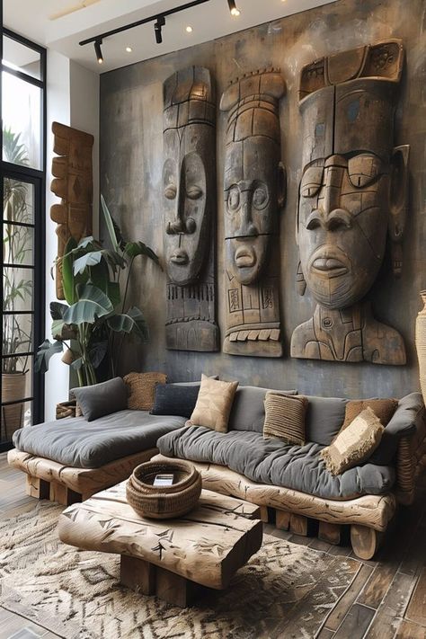 Elevate your living space with a touch of Afrobohemian grandeur. These stunning wooden art pieces bring a sense of depth and culture to any room. Discover how to incorporate similar decor into your home by reading our latest article. Follow us for more unique home decor ideas! Modern African House Design, African Home Architecture, African Influence Interior Design, African Architecture Modern, African Contemporary Architecture, Unique Wall Design, Contemporary House Interior, Wallpaper Decor Ideas, Unique Home Decor Ideas