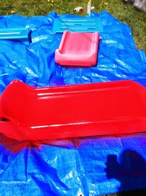 Little Tikes Makeover, Diy Outdoor Play, Toddler Bounce House, Toddler Slide, Playground Slide, Red Slides, House Plans Ideas, Outdoor Play Equipment, Painting Plastic