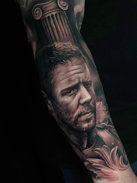 Gladiator Movie Tattoo, Tattoo Gladiator, Russel Crowe, Gladiator Movie, Movie Tattoo, Russell Crowe, Warrior Tattoo, Portrait Tattoo, Tattoos