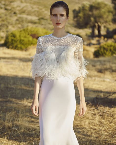 Fall 2020 Archives | Costarellos Bridal Topper, Feathers Dress, Drop Waist Gown, Sheath Bridal Gown, Godet Dress, Flare Wedding Dress, Empire Wedding Dress, Wedding Inspirasi, Bride Fashion