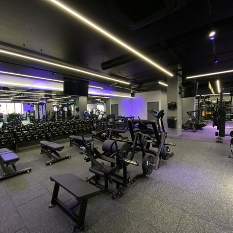 Anytime Fitness Gym, Purple Filter, Commercial Gym Design, Gym Designs, Fitness Center Design, Warehouse Gym, Small Home Gym Ideas, Gym Lighting, Fitness Branding