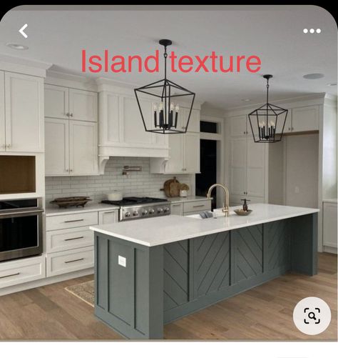 Farmhouse Kitchen Colored Island, Kitchen Island Addition Ideas, Modern Kitchen Lighting Over Table, Colored Island With White Cabinets, Kitchen Cabinet Color Ideas With Island, Kitchen Island Cabinet Colors, Different Color Island Than Cabinets, Front Of Kitchen Island Ideas, Four Gables Kitchen