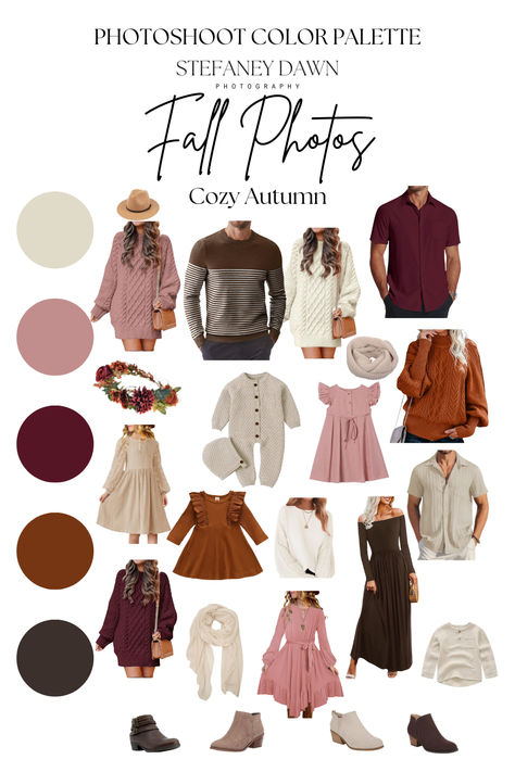 Warm and inviting fall color palette with pink, brown, orange, and red accents. Coordinating Fall Outfits For Pictures, Fall Outfit Ideas Photoshoot, Burgundy Fall Family Pictures, October Photoshoot Ideas Family, Fall Family Pictures Outfits Burgundy, Family Photo Outfits Burgundy, Fall Photo Color Scheme, Fall Family Photos Color Scheme 2024, Late Fall Family Photos