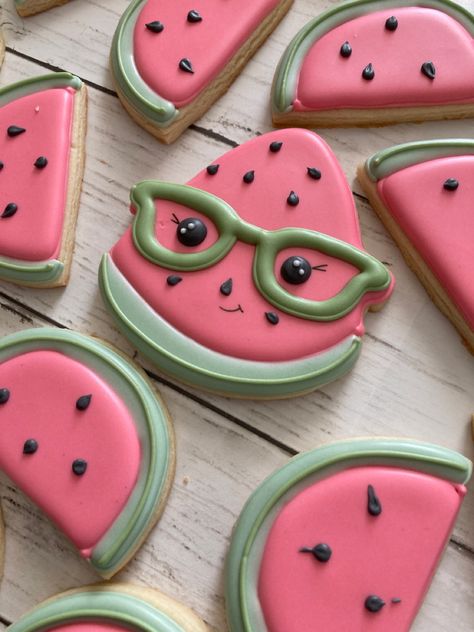 Decorated Fruit Cookies, One In A Melon First Birthday Cookies, Summer Time Cookies Decorated, Watermelon Sugar Cookies, Watermelon Slice Cookies Decorated, Watermelon Cookies, Fruit Cookies, Sweet Watermelon, Royal Iced Cookies