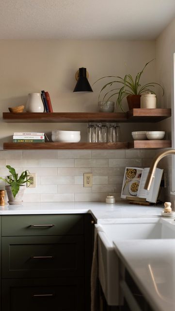 Isabella Stephens Interiors on Instagram: "Loving all the details at our moody kitchen remodel. Ready to renovate your space this year? Link in bio to work with us 🤍 #interiordesignideas #homeremodelingpdx #kitchenremodeling #kitchenrenovationideas #homedesigninspo #homeinspirationideas #openfloorplan #openconcept #homebeautiful #homeinteriors #neutralhomestolove" Neutral Subway Tile, Paint Kitchen Walls, Moody Green Kitchen, Dark Green Cabinets, Pantry Solutions, Home Pantry, Interior Design Course, No Pantry Solutions, Moody Kitchen