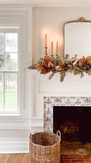 Kimberly on Instagram: "Happy Wednesday friends! Well, I couldn’t hold off any longer 🍁🍂 I started my fall decor, started here on my mantle and it’s simple and clean and I love it! Just pulled some warm tones out, added candles. Oh, and a few pheasants! I couldn’t resist. I’m sure I’ll switch it up quite a few times in the next few weeks. The weather here is a bit grey and cool. So I had to roll with it. I found the brown leaves on my mantle at hobby lobby along with the Pheasants. I really t September Fireplace Decor, Simple Fall Decor Mantle, Fall Pumpkin Mantle Decor, Fireplace Autumn Decor, Call Mantle Decor, Fall Leaves Mantle Decor, Cozy Neutral Fall Decor, Hobby Lobby Fall Mantle Decor, Hobby Lobby Fall Decor Ideas 2023