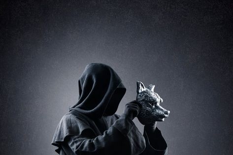 Masks Aesthetic Dark, Wolf Mask Aesthetic, Mask Men Aesthetic, Misty Background, Mask Aesthetic, Wolf Mask, Wolf Face, Hooded Cloak, Book Stuff