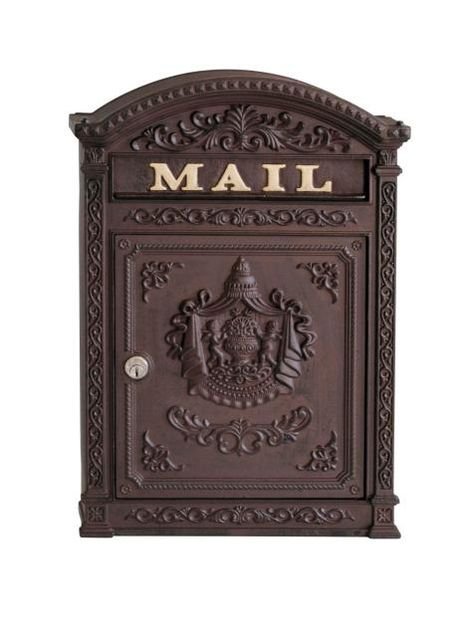 Metallic block lettering and ornate trim pretty up this mail collector. Ecco Victorian aluminum mailbox in rust brown, $105, wayfair.com Victorian Mailboxes, Residential Mailboxes, Vintage Mailbox, Fine Art Lighting, New Mailbox, Mail Slot, Victorian Wall, Wall Mount Mailbox, Mounted Mailbox